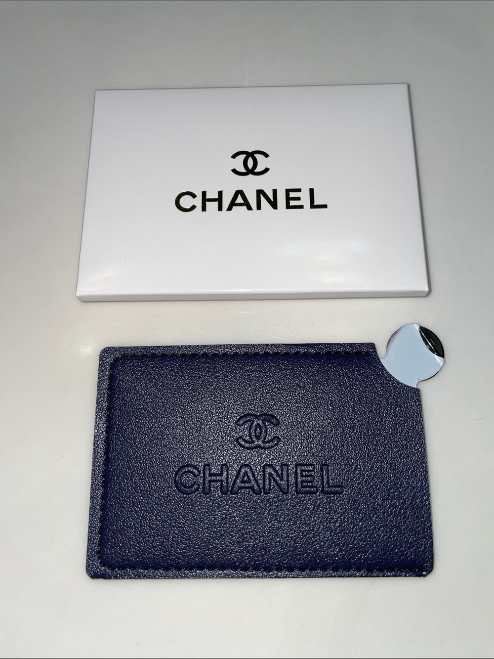NEW CHANEL Beauty Vegan Leather Navy Blue Embossed Case Card Holder with Mirror